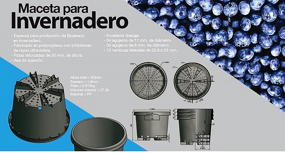 MACETA 3636 32H maceta de Plastico Redonda capacidad 27 Litros Para Uso en cultivo de Arandano en Invernaderos